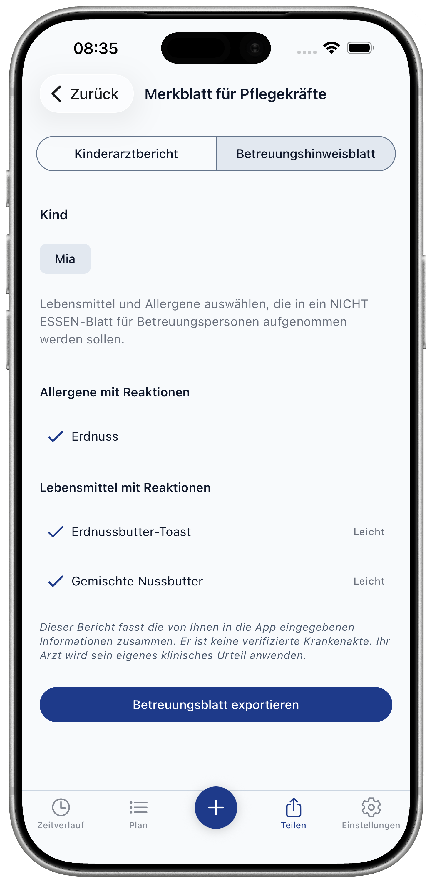 Caregiver alert sheet screen