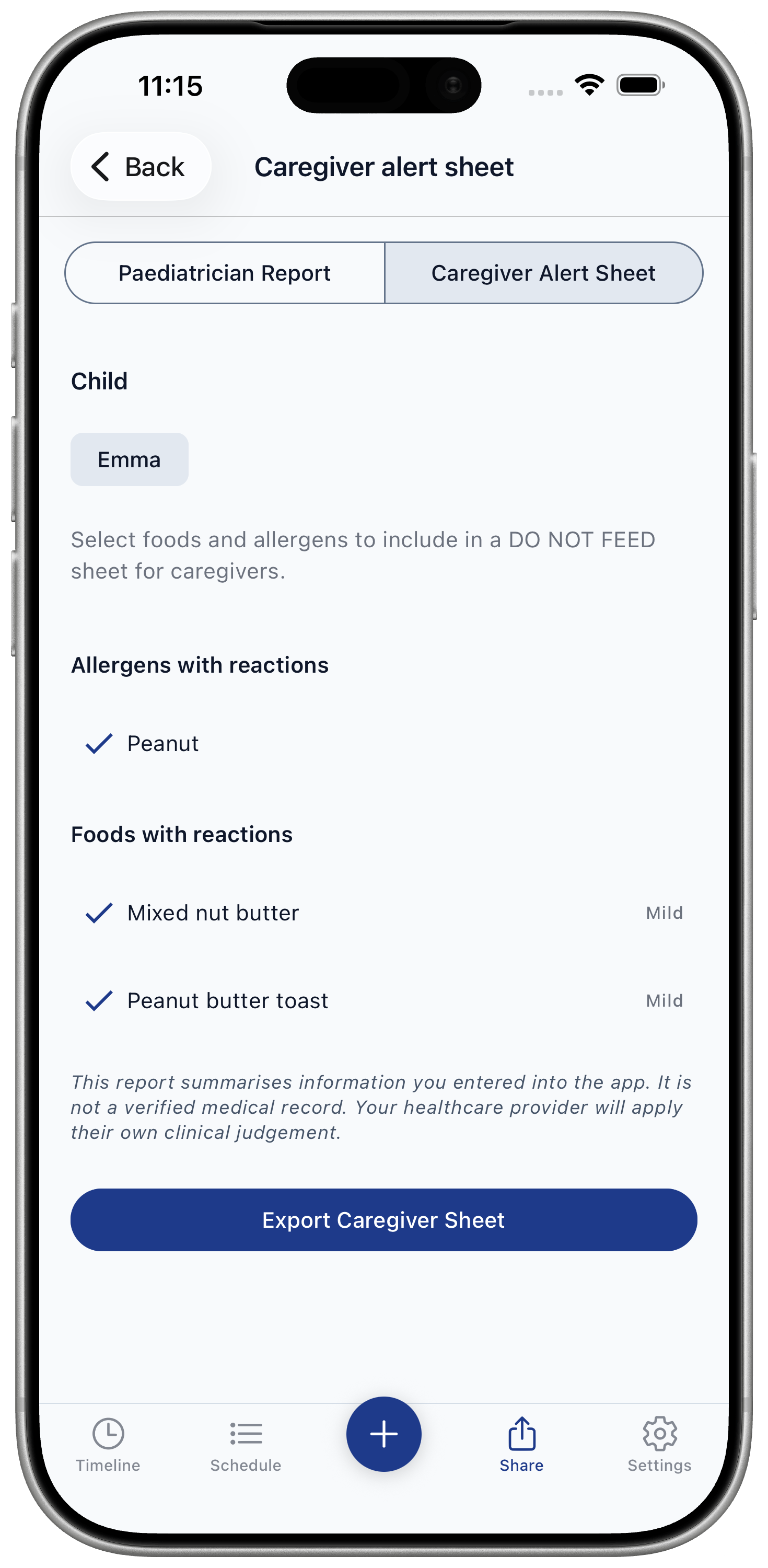 Caregiver approved foods PDF setup screen with Generate PDF button