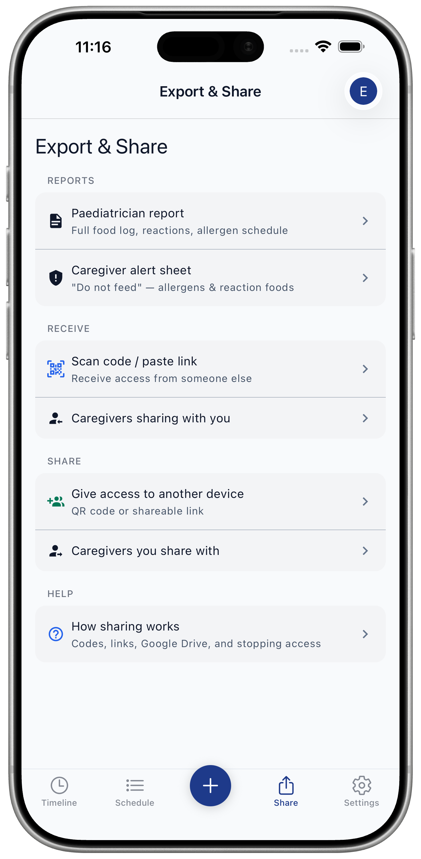 Export and Share screen showing report options including caregiver approved foods