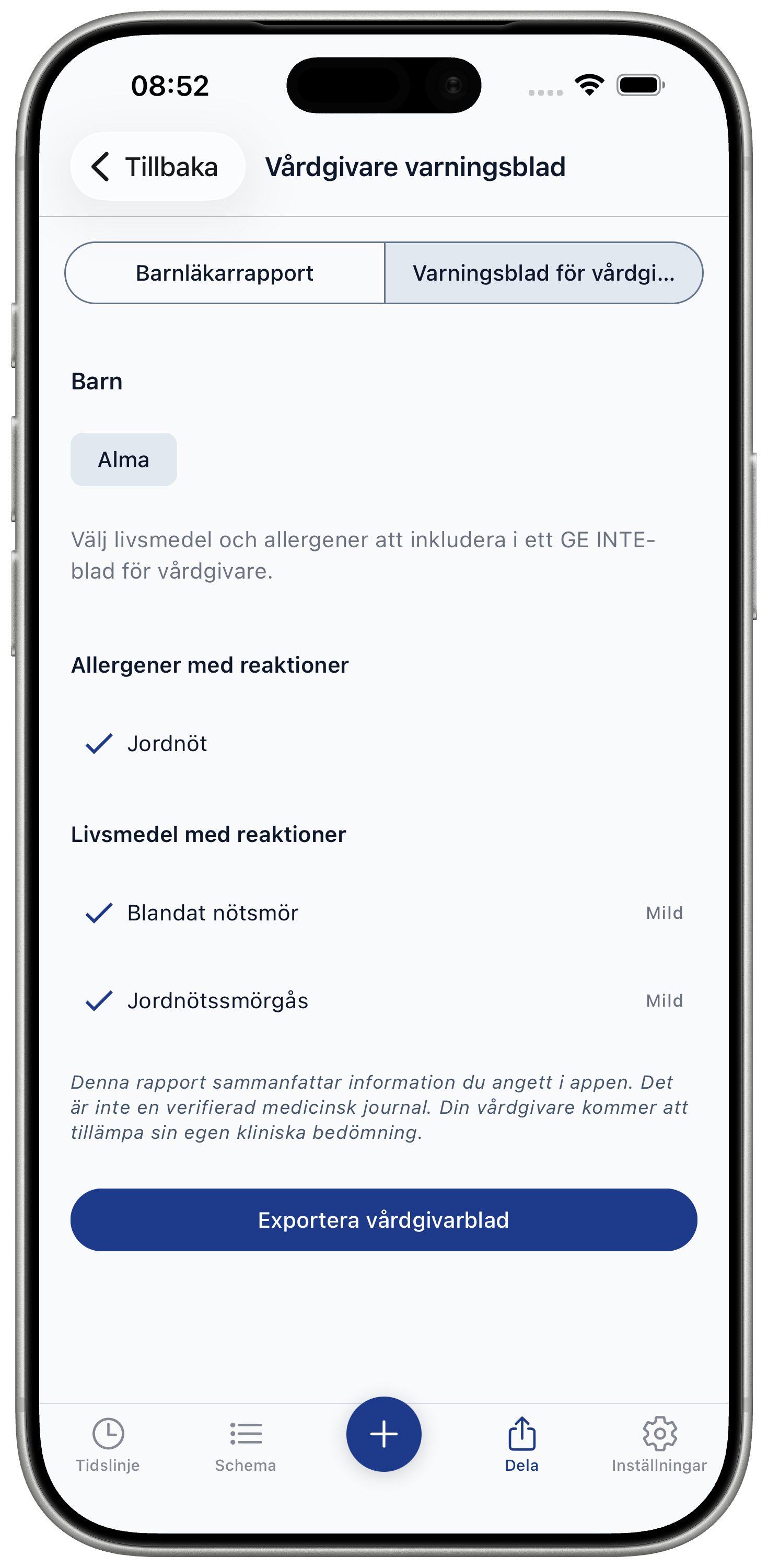 Caregiver alert sheet screen
